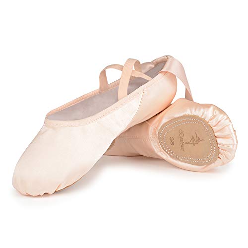 Zapatillas de Ballet Suela Partida Satín Zapatos de Danza y Gimnasia con Cinta para Niñas y Adultos 26 EU