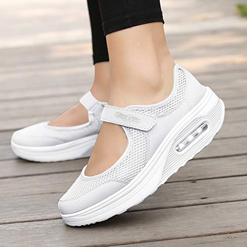 Zapatillas Deportivas de Mujer - Talla 35-42 - Casual Verano Transpirables Zapatos de Deporte con Plataforma - Fitness Gimnasia Ligero Sneakers de Running Sandalias (38 EU, Blanco)