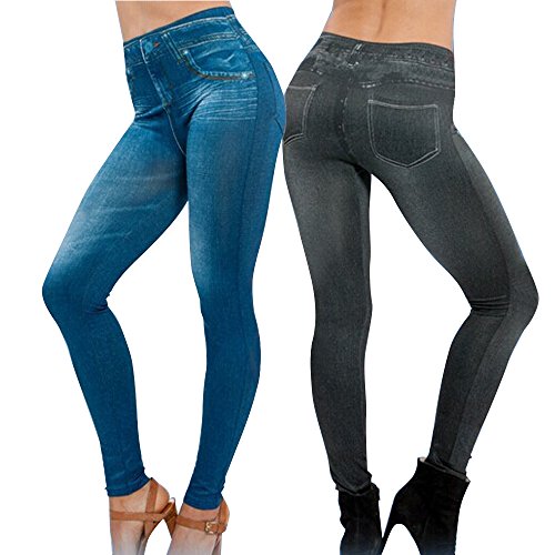 2Pcs Leggings Leggins Jeggings Vaqueros Pantalones Elásticos para Mujer Azul y Negro (XXL)