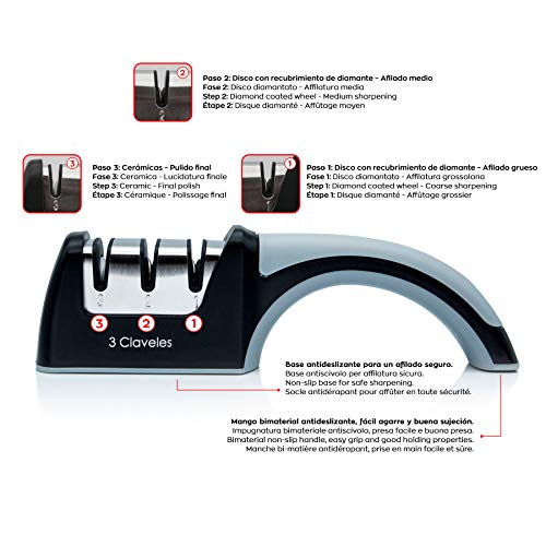3 Claveles 28005 Profesional afiladores de Cuchillos Base Antideslizante Piedra afilar guiado Disco con Recubrimiento de Diamante fácil Agarre, Plástico