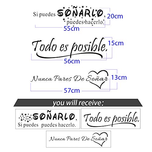 3pcs Pegatinas Pared Vinilos Frases Motivadoras Citas Inspiradoras Español Letras Stickers Adhesivos Negro Decorativos Habitación Dormitorio Salón Oficina Todo es posible