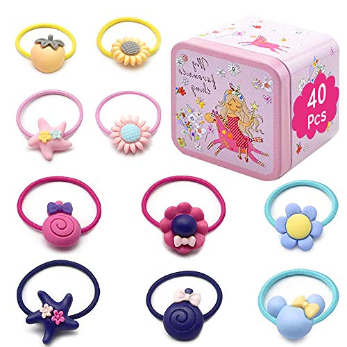 40 Pcs Banda para el Cabello de Las Niñas, XCOZU Banda de pelo Multicolor de Dibujos Animados, Hairband Elástico Del Titular de Cola de Caballo Viene con Caja de Lata Rosa