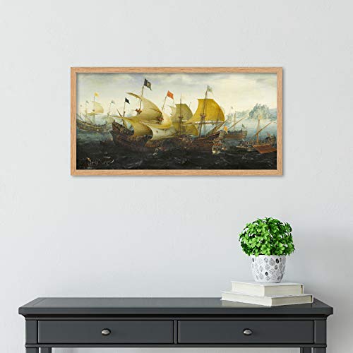 Aart Battle Cadiz Dutch English Ships Painting Framed Wall Art Print Long 25X12 Inch Batalla holand�s Embarcacion Pintura Pared