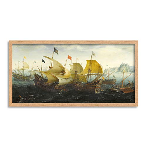 Aart Battle Cadiz Dutch English Ships Painting Framed Wall Art Print Long 25X12 Inch Batalla holand�s Embarcacion Pintura Pared