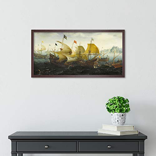 Aart Battle Cadiz Dutch English Ships Painting Framed Wall Art Print Long 25X12 Inch Batalla holand�s Embarcacion Pintura Pared