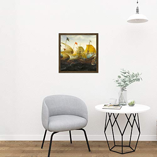 Aart Battle Cadiz Dutch English Ships Painting Square Wooden Framed Wall Art Print Picture 16X16 Inch Batalla holand�s Embarcacion Pintura Madera Pared Imagen