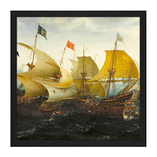 Aart Battle Cadiz Dutch English Ships Painting Square Wooden Framed Wall Art Print Picture 16X16 Inch Batalla holand�s Embarcacion Pintura Madera Pared Imagen