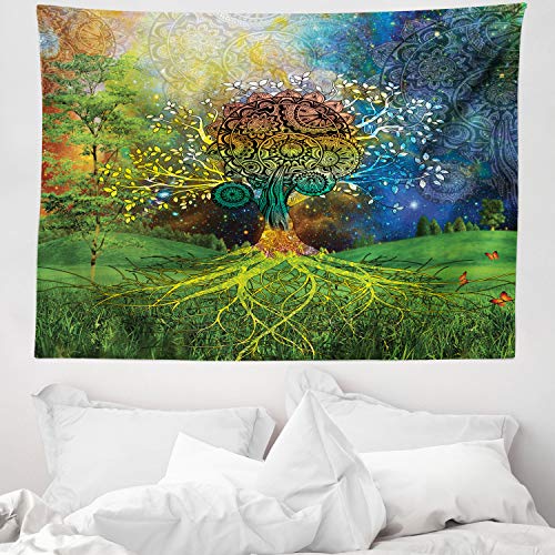 ABAKUHAUS Étnico Tapiz de Pared y Cubrecama Suave, Árbol en el Valle Rama Espiralada Equilibrio Madre Tierra Arte Zen Ilustración, Resistente a la Suciedad, 150 x 110 cm, Verde