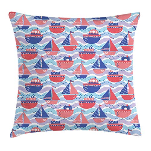 ABAKUHAUS Marítimo Funda para Almohada, Barcos de Vela gráfico de la Onda, Decorativo, Estampado en Ambos Lados, 50 x 50 cm, Rosa Azul Ceil