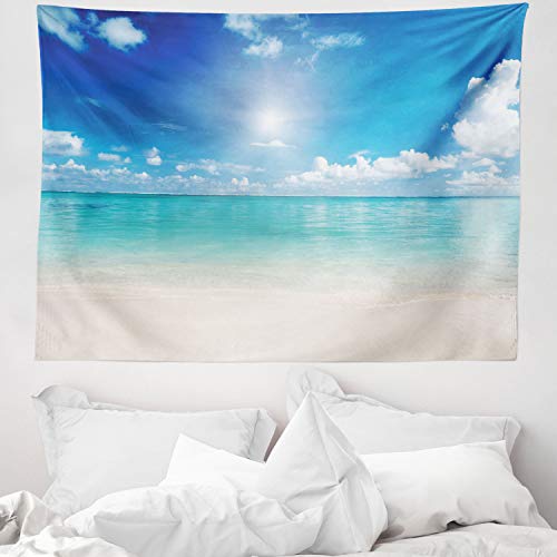 ABAKUHAUS Océano Tapiz de Pared y Cubrecama Suave, Paisaje Cielo y Mar Arena Playa Tropical Nubes Sol Paraíso Cálido Verano, Lavable Colores Firmes, 150 x 110 cm, Turquesa