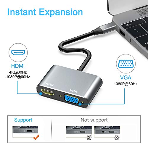 ABLEWE Adaptador USB C a HDMI VGA,USB C Hub Thunderbolt 3 a HDMI 4K VGA 1080P para MacBook Pro 2019/2018/2017/MacBook Air 2018/Dell XPS 13/Samsung S8/S9/Y Otros