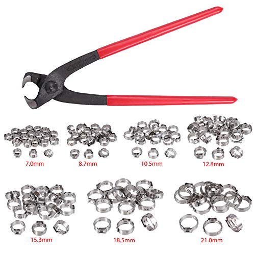 Abrazadera de Manguera Sin Escalones 130PCS 6-21mm 304 Acero Inoxidable Anillos de Abrazadera de Cincha y Abrazadera de Cincha PEX / Juego de Herramientas de Prensado de Abrazaderas de Manguera Oreja