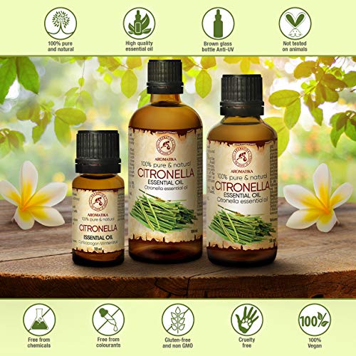 Aceite Esencial de Citronela 50 ml - Cymbopogon Winterianus - Aceite de Citronela 100% Puro & Natural - Baсo aromбtico - Para sauna - Masaje - Cosmйticos - Botella de vidrio