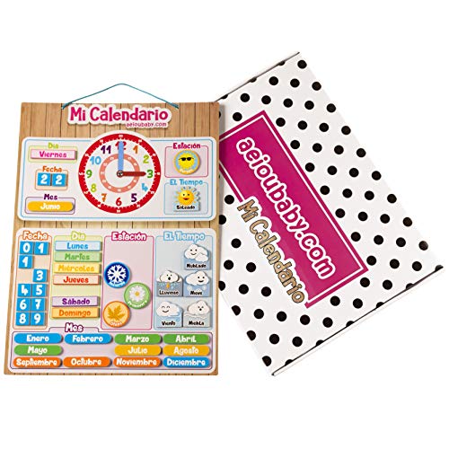 aeioubaby.com Calendario Reloj Magnético Infantil, Juego Educativo Fecha Tiempo y Hora para Pared o Frigorífico, 43x32cm. Caja Cumpleaños de niños en Colegio o Guardería (Español)