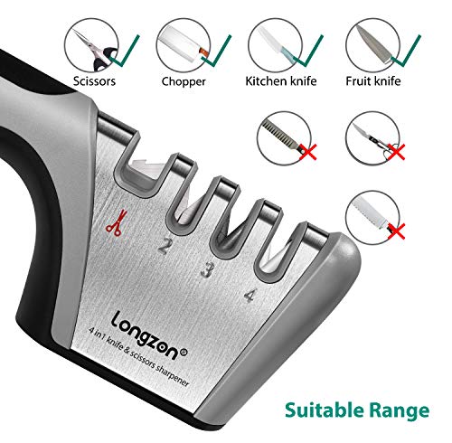 Afilador de Cuchillos, longzon Afilador Cuchillos Profesional, Knife Sharpener, 4 en 1 Afilador de Cuchillos Manual para Cocina con Un par de Guantes Antideslizantes, para Cuchillos y Tijeras