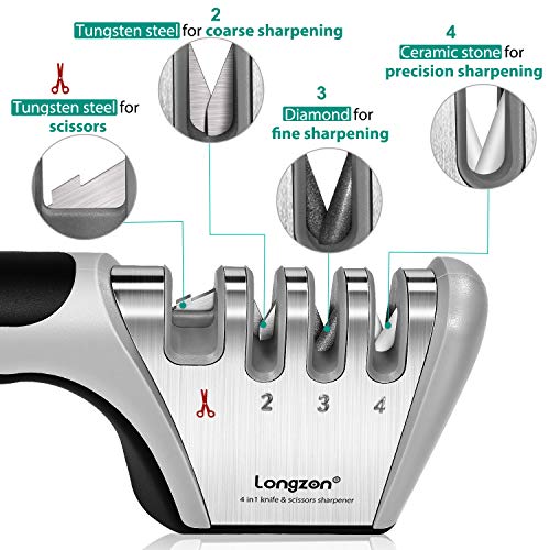 Afilador de Cuchillos, longzon Afilador Cuchillos Profesional, Knife Sharpener, 4 en 1 Afilador de Cuchillos Manual para Cocina con Un par de Guantes Antideslizantes, para Cuchillos y Tijeras