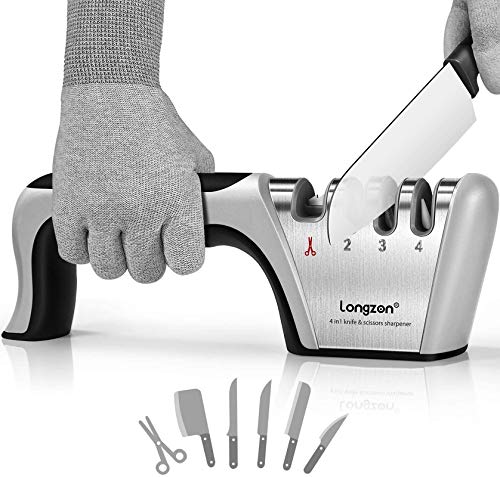 Afilador de Cuchillos, longzon Afilador Cuchillos Profesional, Knife Sharpener, 4 en 1 Afilador de Cuchillos Manual para Cocina con Un par de Guantes Antideslizantes, para Cuchillos y Tijeras