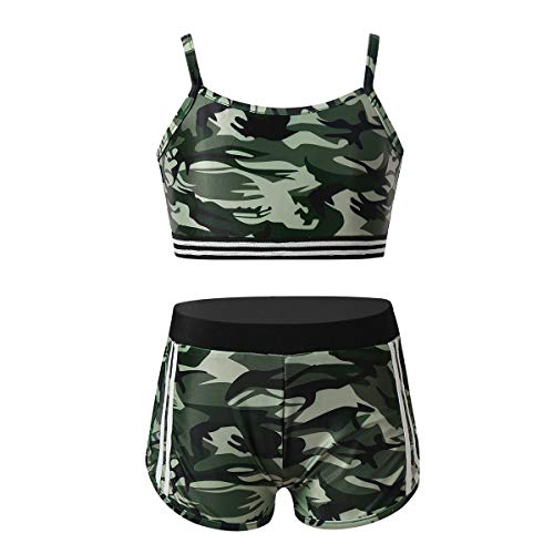 Agoky Niñas Pequeñas Ropa Deportiva Conjunto Traje Crop Top sin Manga Pantalones Cortos Estampados Traje Deporte Verano para Correr Yoga Fitness Camuflaje 9-10 años