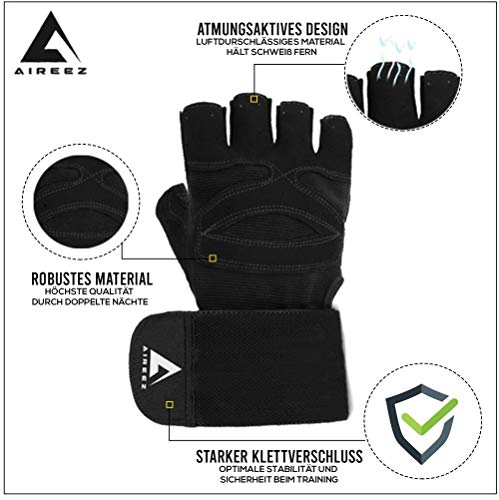 Aireez® 2 en 1 Guantes de fitness, guantes de entrenamiento, guantes de deporte con muñequeras (hombre y mujer) levantamiento de pesas, deportes de fuerza, culturismo, entrenamiento de fuerza