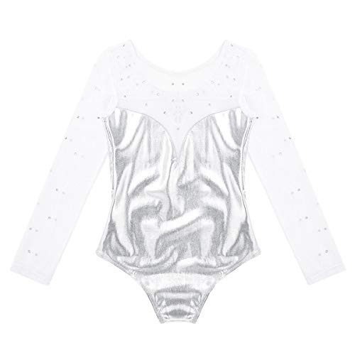 Alvivi Maillot de Patinaje Art'istico Niña Manga Larga Leotardo Gimnasia Rítmica Clásico Vestido de Danza Ballet Body Mono Deportivo Baile de Fiesta Actuación Plateado 3-4 Años