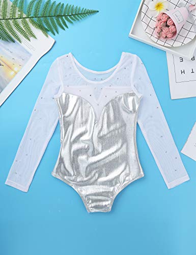 Alvivi Maillot de Patinaje Art'istico Niña Manga Larga Leotardo Gimnasia Rítmica Clásico Vestido de Danza Ballet Body Mono Deportivo Baile de Fiesta Actuación Plateado 3-4 Años