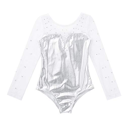 Alvivi Maillot de Patinaje Art'istico Niña Manga Larga Leotardo Gimnasia Rítmica Clásico Vestido de Danza Ballet Body Mono Deportivo Baile de Fiesta Actuación Plateado 3-4 Años