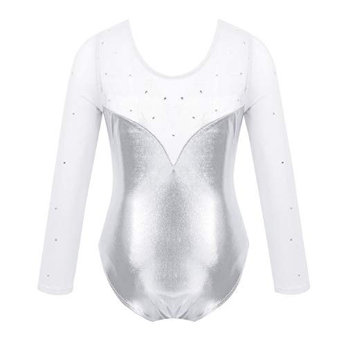 Alvivi Maillot de Patinaje Art'istico Niña Manga Larga Leotardo Gimnasia Rítmica Clásico Vestido de Danza Ballet Body Mono Deportivo Baile de Fiesta Actuación Plateado 3-4 Años