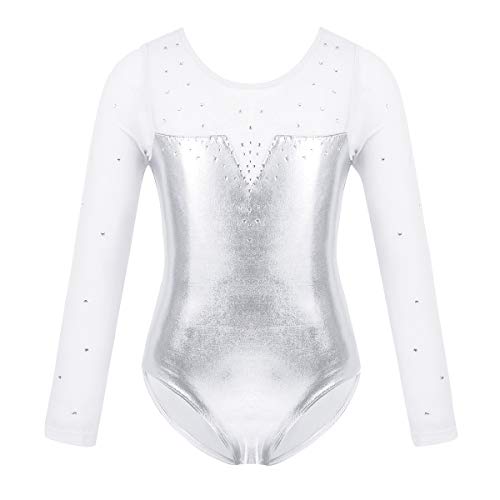 Alvivi Maillot de Patinaje Art'istico Niña Manga Larga Leotardo Gimnasia Rítmica Clásico Vestido de Danza Ballet Body Mono Deportivo Baile de Fiesta Actuación Plateado 3-4 Años