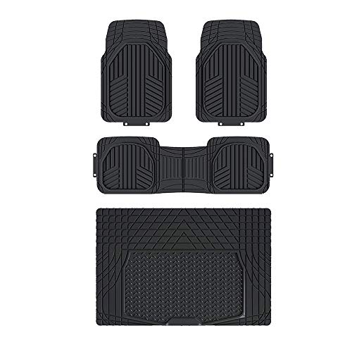 AmazonBasics - Alfombrilla de goma ultrarresistente para coches, todocaminos y camiones hecha para todas las estaciones (4 unidades, con protector de maletero)