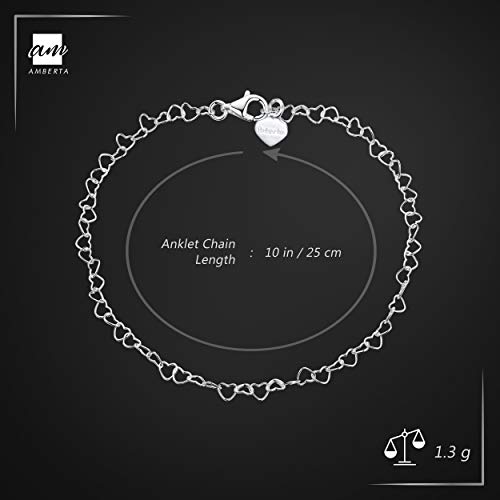 Amberta® Joyería - Brazalete de Tobillo - 925 Fina Plata de ley - 3 mm Pulsera de Corazón - 22 a 25,5 cm - Ajuste Flexible