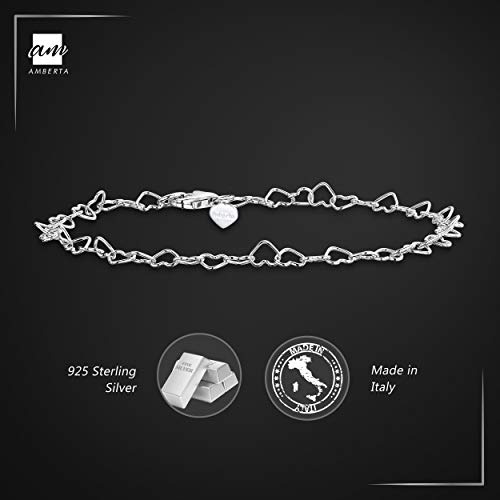 Amberta® Joyería - Brazalete de Tobillo - 925 Fina Plata de ley - 3 mm Pulsera de Corazón - 22 a 25,5 cm - Ajuste Flexible