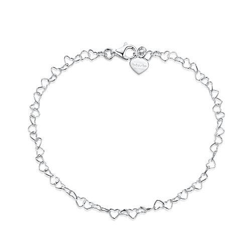 Amberta® Joyería - Brazalete de Tobillo - 925 Fina Plata de ley - 3 mm Pulsera de Corazón - 22 a 25,5 cm - Ajuste Flexible