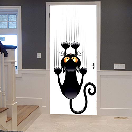 A.Monamour Pegatinas Decorativas de Puerta Autoadhesivo 3D Gato Negro Rascarse La Pared Gracioso Caricatura Silueta Animal Vinilo para Puertas Mural PVC Pegatinas de Pared Foto Poster 90 x 200 cm