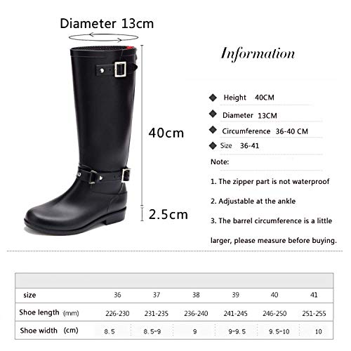 AONEGOLD Botas de Agua Mujer Lluvia Altas Zapato Impermeables Ajustable Cremallera y Hebilla Goma Botas Wellington(Negro 2,39 EU)