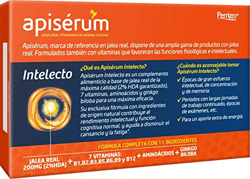 Apisérum Intelecto Cápsulas - Favorece el rendimiento intelectual, concentración y memoria, Multivitamínico con Jalea Real, Vitamina B, Aminoacidos y Ginkgo Biloba, Tratamiento para 1 mes