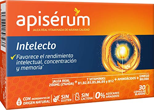 Apisérum Intelecto Cápsulas - Favorece el rendimiento intelectual, concentración y memoria, Multivitamínico con Jalea Real, Vitamina B, Aminoacidos y Ginkgo Biloba, Tratamiento para 1 mes