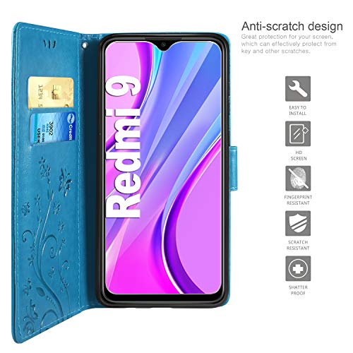 AROYI Funda Compatible con Xiaomi Redmi 9 y Protector de Pantalla, Relieve Dibujo Carcasa de Tipo Libro Soporte Plegable Ranuras para Tarjetas Magnético Ultra Delgado Carcasa Case, Azul