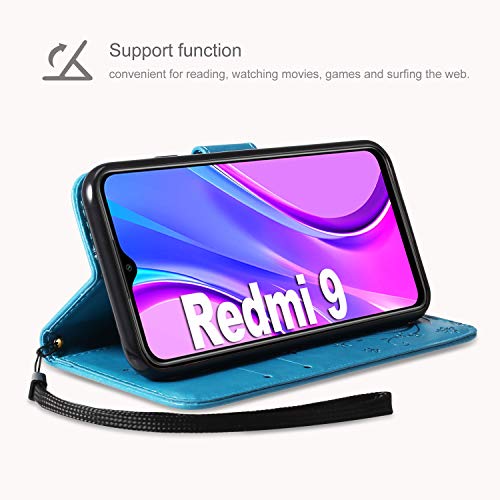 AROYI Funda Compatible con Xiaomi Redmi 9 y Protector de Pantalla, Relieve Dibujo Carcasa de Tipo Libro Soporte Plegable Ranuras para Tarjetas Magnético Ultra Delgado Carcasa Case, Azul