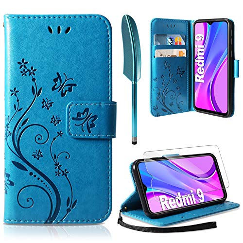 AROYI Funda Compatible con Xiaomi Redmi 9 y Protector de Pantalla, Relieve Dibujo Carcasa de Tipo Libro Soporte Plegable Ranuras para Tarjetas Magnético Ultra Delgado Carcasa Case, Azul