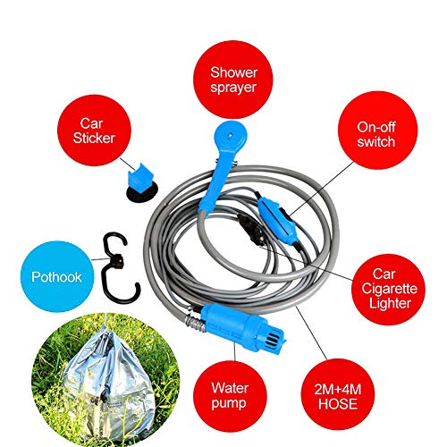 AUTOPkio Kit de Cubo Plegable portátil de la Ducha al Aire Libre, Cabezal de Ducha Que acampa Enchufe en el Adaptador del Cigarrillo 12V y da Vuelta al Agua en la Corriente apacible Constante (Azul)