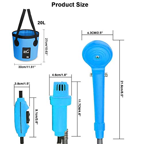 AUTOPkio Kit de Cubo Plegable portátil de la Ducha al Aire Libre, Cabezal de Ducha Que acampa Enchufe en el Adaptador del Cigarrillo 12V y da Vuelta al Agua en la Corriente apacible Constante (Azul)