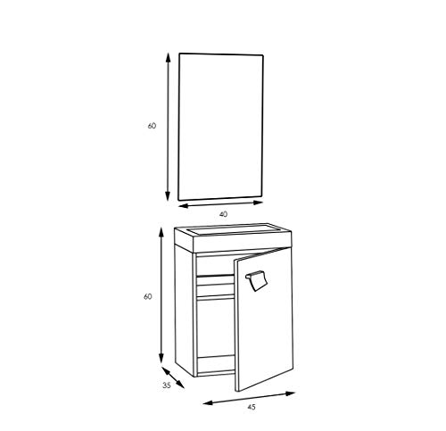 Baikal 280034036 Mueble de baño Lavabo cerámico y Espejo, de una Puerta, Ideal para aseos o baños pequeños, Melamina 16, Acabado en Roble Gris Nebraska, Cm, 45 x 36 x 60 cm, 10 Unidades