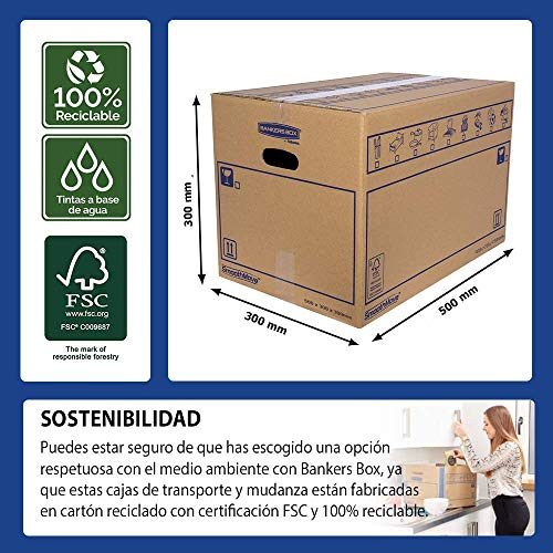 Bankers Box 6208201 Pack 10 Cajas de Cartón 50 x 30 x 30 cm con Asas para Mudanzas, Almacenaje y Transporte Ultraresistentes, Canal Doble Reforzado (Talla L) 45 Litros