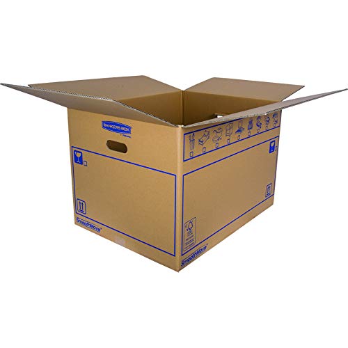 Bankers Box 6208201 Pack 10 Cajas de Cartón 50 x 30 x 30 cm con Asas para Mudanzas, Almacenaje y Transporte Ultraresistentes, Canal Doble Reforzado (Talla L) 45 Litros