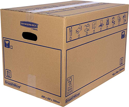 Bankers Box 6208201 Pack 10 Cajas de Cartón 50 x 30 x 30 cm con Asas para Mudanzas, Almacenaje y Transporte Ultraresistentes, Canal Doble Reforzado (Talla L) 45 Litros