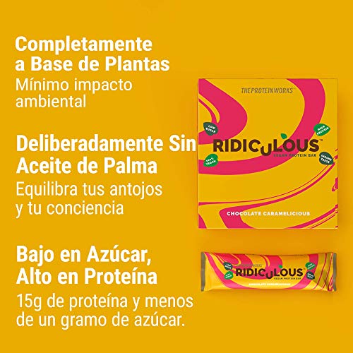 Barrita Proteica Vegana Ridiculous | 100% A Base de Plantas | Sin Aceite de Palma | 15g Proteína y Baja en Azúcar | THE PROTEIN WORKS | Chocolate Caramelicioso | Caja de 9