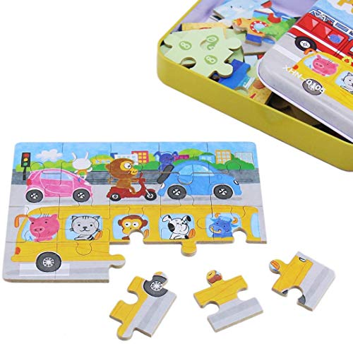 BBLIKE Jigsaw Wooden Puzzles Toy in a Box for Kids, Pack of 4 with Varying Degree of Difficulty Educational Learning Tool Best Birthday Present for Boys Girls (Serie Transporte)