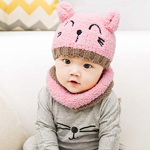 Bearbro Bufandas del Bebé, Invierno Niño Niña Sombrero y Bufandas otoño Invierno niños niñas Punto Gorras y Bufanda Guantes Traje de Tres Piezas (Rosado)