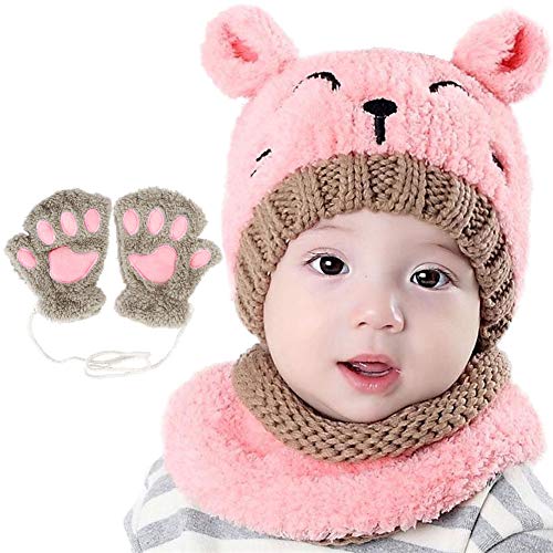 Bearbro Bufandas del Bebé, Invierno Niño Niña Sombrero y Bufandas otoño Invierno niños niñas Punto Gorras y Bufanda Guantes Traje de Tres Piezas (Rosado)