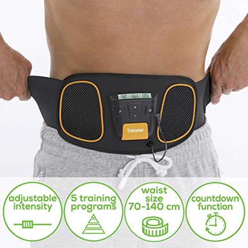 Beurer EM 32 Electroestimulador EMS Cinturón Abdominal,5 programas de entrenamiento, 2 electrodos agua sin necesidad de geles ni recambios, pantalla LCD, 75-140cm cintura